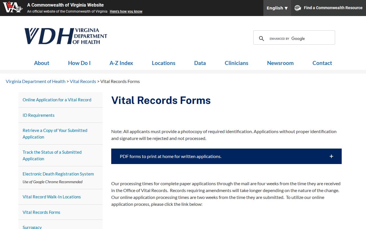 Leesylvania resident lookup through Virginia vital records forms